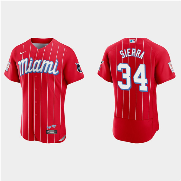 Men's Miami Marlins #34 Magneuris Sierra Red 2021 City Connect Flex Base Stitched MLB Jersey